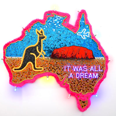 Paul Yore, Uluru (It Was All A Dream), 2025, mixed media assemblage on board comprising glass, plastic, beads, synthetic fur, trim, cotton thread, LED light, wood, synthetic polymer, adhesive, and fixtures, 185 x 174 x 13 cm irreg.
