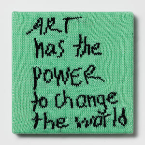 Kate Just, Rule #12: Art Has the Power to Change the World, 2024, hand knitted acrylic yarn, canvas, and timber, 31 x 31 cm
