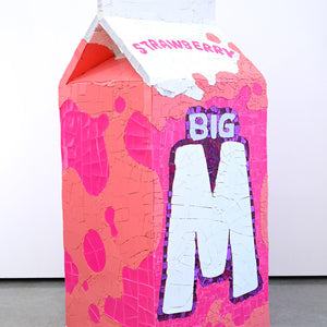 Paul Yore, Big M (Strawberry), 2025, mixed media assemblage on board comprising plastic, glass, wood, synthetic polymer, adhesive, and fixtures, 128 x 54 x 54 cm
