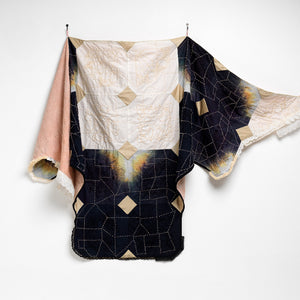 Sera Waters, Matriarchal Cloak: Determined paths, 2023, repurposed and hand-dyed candlewicking kit, hand-dyed cotton, threads, lycra, various trims, hand forged hooks, 122 x 153 cm (installed); 122 x 232 cm (actual size)
