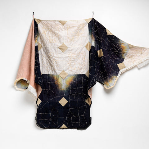 Sera Waters, Matriarchal Cloak: Determined paths, 2023, repurposed and hand-dyed candlewicking kit, hand-dyed cotton, threads, lycra, various trims, hand forged hooks, 122 x 153 cm (installed); 122 x 232 cm (actual size)
