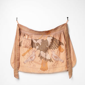 Sera Waters, Depression Lace #1: Within wings and limbs, 2023-2024, repurposed hand-dyed apron, various threads, hand-dyed glove, hand forged hooks, approximately, 60 x 70 cm (installed)
