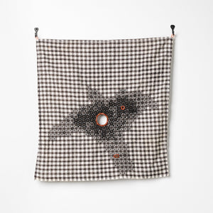 Sera Waters, Depression Lace #2: Forever holes and their shadows, 2024, found gingham napkin, various threads, hand forged hooks, 45 x 41 cm
