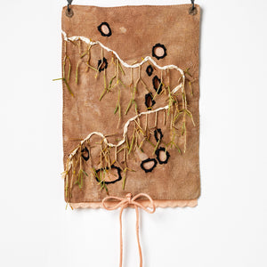 Sera Waters, Jabs and Fissures: Raw insides, 2024, hand-dyed fabric, threads, beads, found trims, hand-dyed negligee, hand forged hooks, 55 x 27cm
