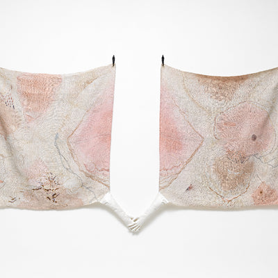 Sera Waters, Tears and Blood, 2024, hand-dyed repurposed hemp/linen, various hand-dyed threads, cotton, string, repurposed kid leather gloves, 140 x 236 x 5 cm irreg. Photography by Grant Hancock