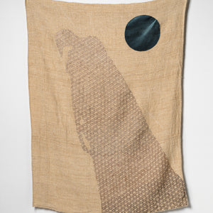 Sera Waters, Eighty Year Shadow, 2024-25, repurposed hemp/linen, fabric, hand-dyed string, cotton, 130 x 93 cm irreg. Photography by Grant Hancock
