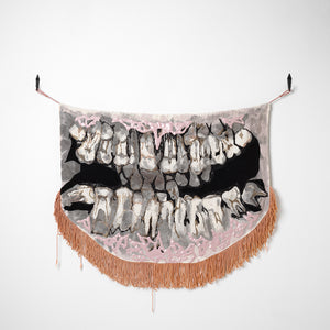 Sera Waters, Ancestral Crowding, 2025-26, hand-stained linen, found fabrics, hand-dyed cotton, threads and rope, repurposed trim, 90 x 130 cm irreg. Photography by Grant Hancock
