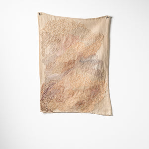Sera Waters, And and and and: accounting for accumulations, 2025-26, various found threads on hand-dyed linen, 47 x 33 cm irreg. Photography by Grant Hancock
