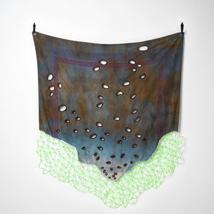 Sera Waters, Night Flight & Retrieval, 2025-26, hand-dyed linen, cotton, beads, glow-in-the-dark tubing, 130 x 105 cm irreg. Photography by Grant Hancock
 