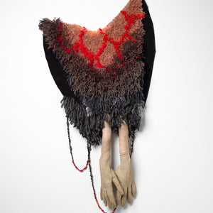 Sera Waters, Parts of Past Portents: clawing, 2026, various repurposed wools, found and handmade beads, leather gloves, linen, stuffing, 83 x 45 cm irreg. Photography by Grant Hancock
