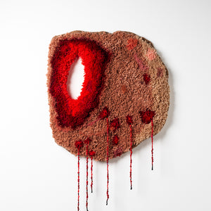 Sera Waters, Parts of Past Portents: flesh wound, 2025-26, various repurposed wools, found and handmade beads, 70 x 50 cm irreg. Photography by Grant Hancock