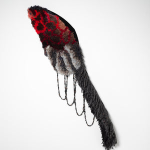 Sera Waters, Parts of Past Portents: span, 2025-26, various repurposed wools, found and handmade beads, 110 x 65 cm irreg. Photography by Grant Hancock

