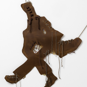 Sera Waters, Stash and Haul: Underground legwork (some), 2025-26, leather, cotton and various threads, chain, hand-dyed shoelaces, rope, 100 x 86 cm irreg. Photography by Grant Hancock
