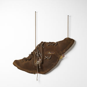 Sera Waters, Stash and Haul: Underground legwork (few), 2025-26, leather, cotton and various threads, chain, found hand-dyed shoelaces and rope, 60 x 55 cm irreg. Photography by Grant Hancock
