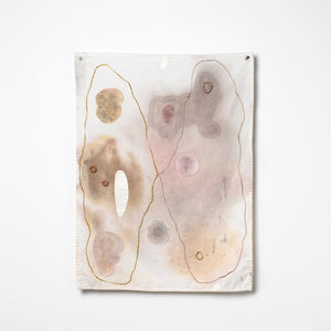 Sera Waters, The Brink: sent gatherings, 2025-26, cotton, leather glove, repurposed threads, handmade beads, hand-stained flannelette, 47 x 34 cm irreg. Photography by Grant Hancock
