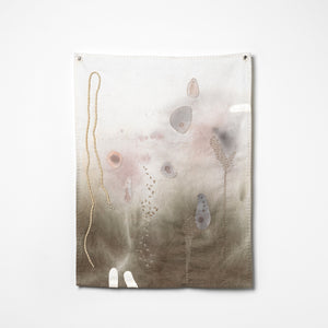 Sera Waters, The Brink: spilling over, 2025-26, cotton, leather glove, repurposed threads, shoelace, hand-stained flannelette, 46 x 34 cm irreg. Photography by Grant Hancock
