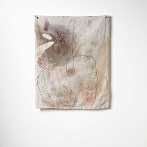 Sera Waters, The Brink: Ties and binds, 2025-26, cotton, leather glove, threads upon hand-stained flannelette, 43 x 34 cm irreg. Photography by Grant Hancock
