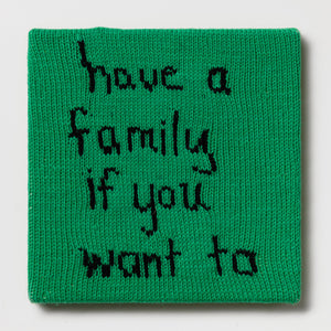 Kate Just, Rule #24: Have a Family if You Want To, 2024, hand knitted acrylic yarn, canvas, and timber, 31 x 31 cm