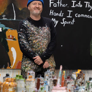 Richard Lewer in the studio with his work for 'I Only Talk to God When I Want Something', 2025. Photo by Christian Cappuro