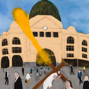 Richard Lewer, Jesus carrying the cross in front of Flinders Street Station, 2025, acrylic on unprimed canvas, 104 x 84 cm