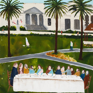 Richard Lewer, The last supper at the back of the Geelong Art Gallery, 2025, acrylic on unprimed canvas, 104 x 84 cm