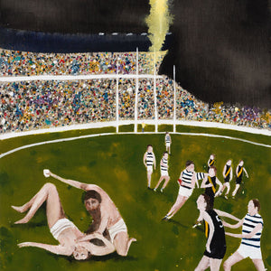 Richard Lewer, Cane and Abel at the GMHBA Stadium, 2025, acrylic on unprimed canvas, 104 x 84 cm