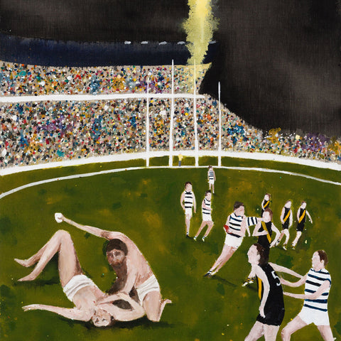 Richard Lewer, Cane and Abel at the GMHBA Stadium, 2025, acrylic on unprimed canvas, 104 x 84 cm