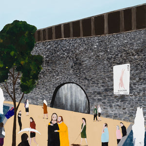 Richard Lewer, Judas and Jesus in front of the National Gallery of Victoria, 2025, acrylic on unprimed canvas, 104 x 84 cm