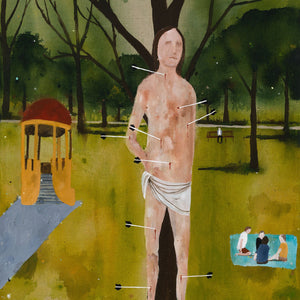 Richard Lewer, Saint Sebastian in the Edinburgh Gardens, 2025, acrylic on unprimed canvas, 104 x 84 cm
