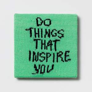 Kate Just, Rule #31: Do Things that Inspire You, 2024, hand knitted acrylic yarn, canvas, and timber, 26 x 26 cm