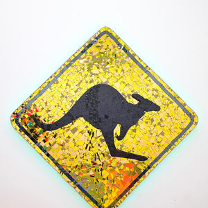 Paul Yore, Sign (Kangaroo), 2025, mixed media assemblage on board comprising plastic, glass, fabric, trim, cotton thread, LED light, wood, synthetic polymer, adhesive, and fixtures, 174 x 174 x 13 cm
