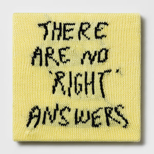Kate Just, Rule #49: There are No Right Answers, 2024, hand knitted acrylic yarn, canvas, and timber, 31 x 31 cm