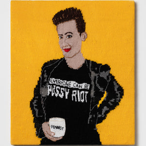 Kate Just, Self Portrait: Everyone Can Be Pussy Riot, 2024, hand knitted wool and acrylic yarn, canvas, and timber, 72 x 62 cm