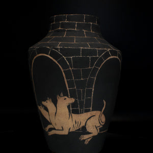 Fiona Roberts, Cerberus, 2024, stoneware with underglaze, 26.5 x 19 x 19 cm