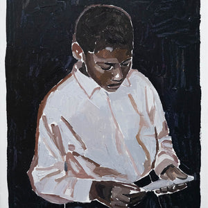 Clara Adolphs, Boy, Reading II, 2025, oil on linen, 69 x 58 cm