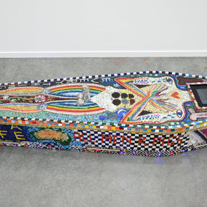 Paul Yore, SUCH IS LIFE, 2023, mixed media assemblage comprising found objects, glass, jewellery, beads, buttons, enamel, wood, epoxy resin, LED, screen and video, 52 × 63 × 230 cm