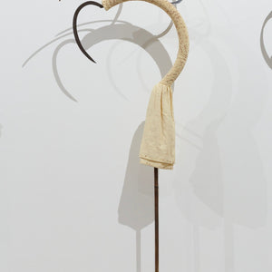 Julia Robinson, Ergot Dreams, 2021, linen, thread, sickle blades, steel, timber and fixings, 160 x 75 x 30 cm irregular