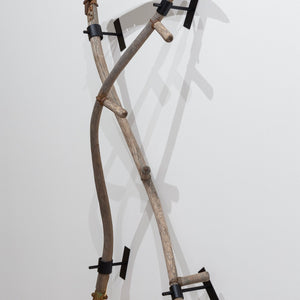 Julia Robinson, An Old Dance of Blood and Death, 2022, scythes, gold plated blade, steel, fixings, 110 x 80 x 25 cm
