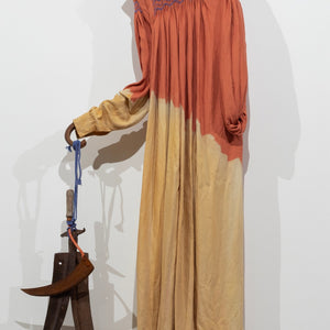 Julia Robinson, It does not dally, 2023, linen, thread, wooden handle, scythe blades, nails, steel and fixings, 180 x 95 x 35 cm