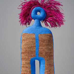 Alfred Lowe, Sign of the Times I (469-26AS), 2026, hand built stoneware with underglaze sgraffito and raffia, 76 x 33 x 15 cm irreg. (with raffia 83 x 35 x 15 cm)

