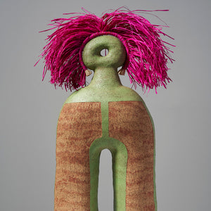 Alfred Lowe, Sign of the Times II (470-26AS), 2026, hand built stoneware with underglaze sgraffito and raffia
72 x 35 x 13 cm irreg. (with raffia 76 x 35 x 13 cm)
