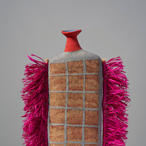 Alfred Lowe, Accepting Fate II (471-26AS), 2026, hand built stoneware with underglaze sgraffito and raffia
56 x 23 x 12 cm irreg. (with raffia 56 x 47 x 12 cm)

