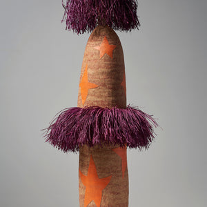 Alfred Lowe, Great and Wondrous II (446-26AS), hand built stoneware with underglaze sgraffito and raffia, 123 x 25 x 25 cm irreg. (with raffia 150 x 50 x 50 cm)
