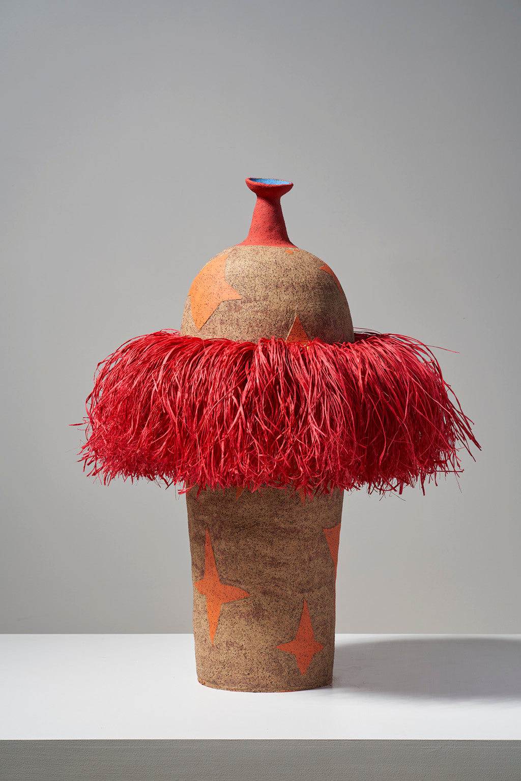 Alfred Lowe, Great and Wonderous III (447-26AS), 2026, hand built stoneware with underglaze sgraffito and raffia, 97 x 53 x 53 (with raffia). 