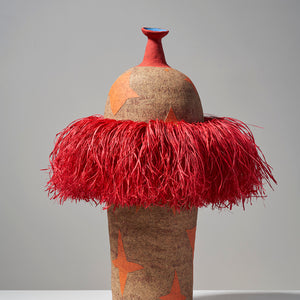 Alfred Lowe, Great and Wonderous III (447-26AS), 2026, hand built stoneware with underglaze sgraffito and raffia, 97 x 53 x 53 (with raffia). 