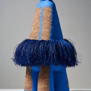 Alfred Lowe, Accepting Fate III, 2026, hand built stoneware with underglaze sgraffito and raffia, 120 x 42 x 42 cm irreg. (with raffia 120 x 56 x 56 cm)
