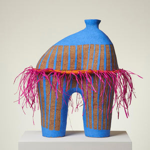 Alfred Lowe, All dressed up and nowhere to go I (509-23AS), 2023, glazed ceramic with sgraffito and weaving, 67 x 47 cm