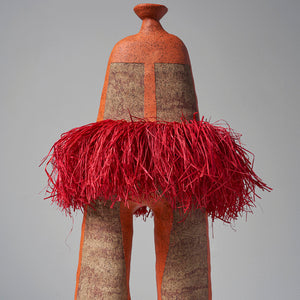 Alfred Lowe, Accepting Fate I (484-26AS), 2026, hand built stoneware with underglaze sgraffito and raffia, 85 x 37 x 18 cm irreg. (with raffia 85 x 57 x 44 cm)
