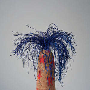 Alfred Lowe, Great and Wondrous IV (475-26AS), 2026, hand built stoneware with underglaze sgraffito and raffia, 42 x 16 x 16 cm irreg. (with raffia 62 x 40 x 40 cm)
