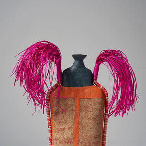 Alfred Lowe, Searching for Answers III (473-26AS), 2026, hand built stoneware with underglaze sgraffito and raffia, 46 x 24 x 14 cm irreg. (with raffia 52 x 52 x 20 cm)
